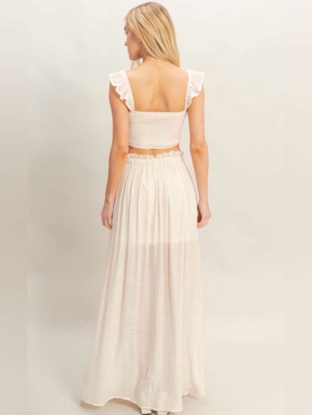 273. Smocked Top Cream Maxi Button-Front Skirt set - Picture 3 of 5